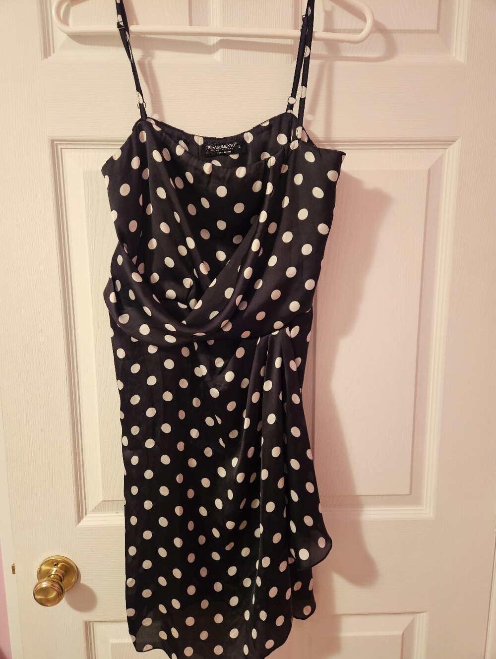 Rinascimento Black and White Polka Dot Spaghetti Strap Mini Dress